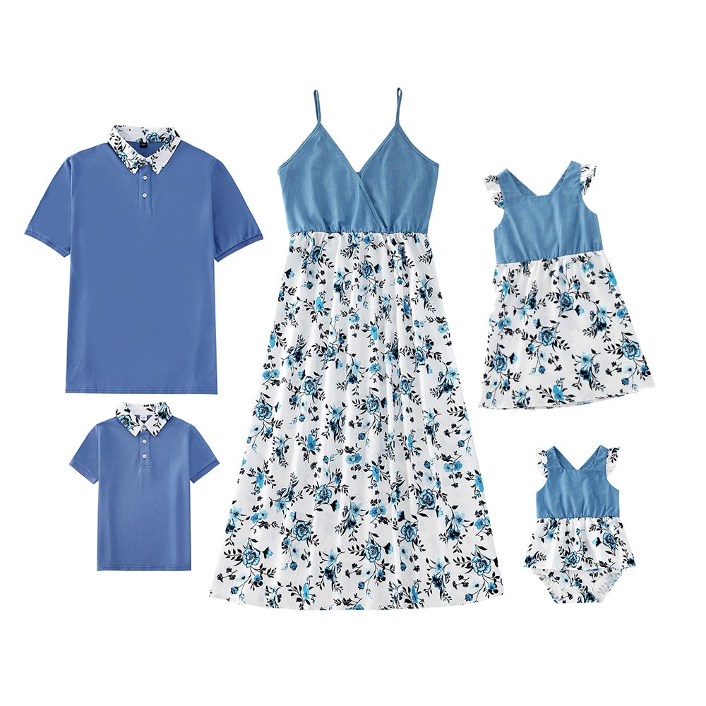 Parent child matching outfits: mom, dad, and child showcasing blue chiffon blend casual wear for family events.