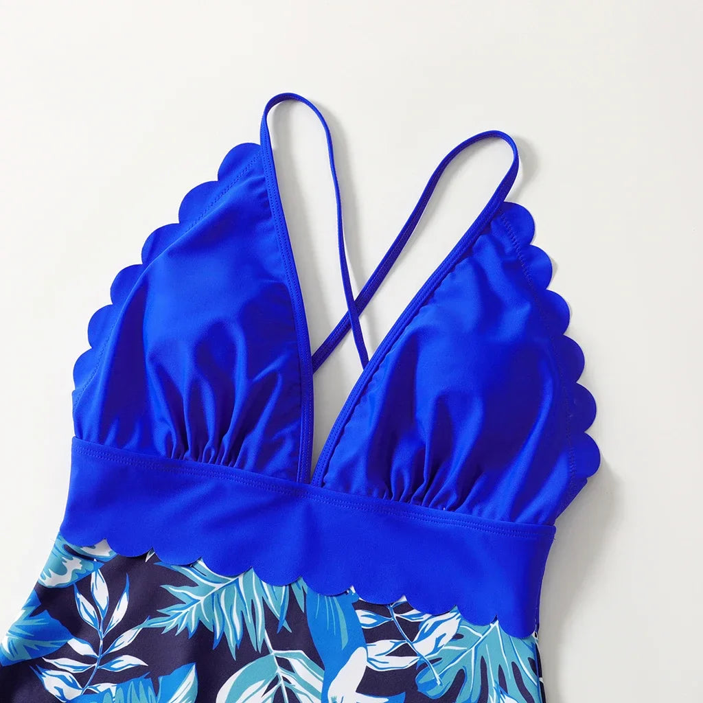 Coordinated palm print swimsuits for the whole family's tropical adventure