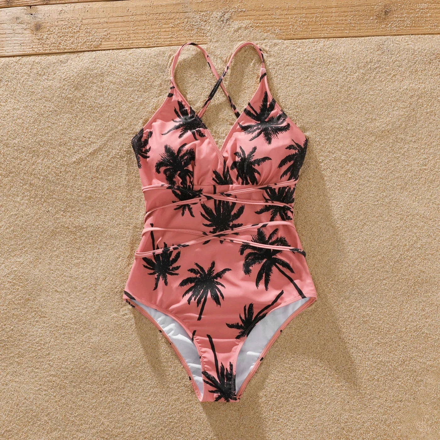 Pink coconut tree print bikini and swim shorts for family beachwear set