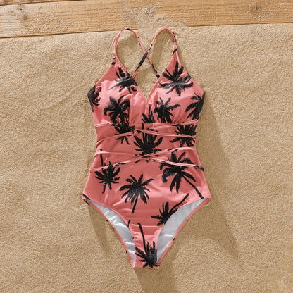 Pink coconut tree print bikini and swim shorts for family beachwear set