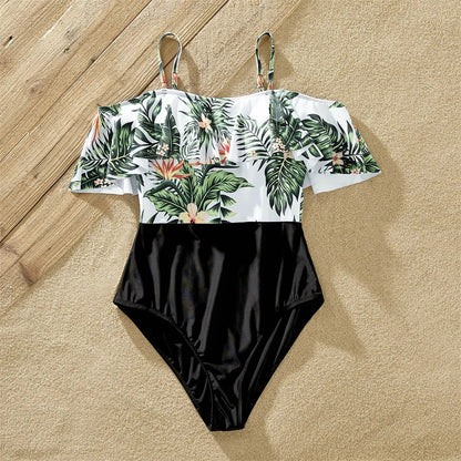 Toddler's plant print swim trunks with elastic waist, perfect for boys' summer vacation essentials