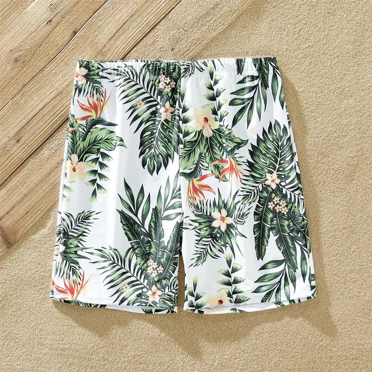 Kids' matching plant print rash guard and swim shorts set, unisex and protective summer outerwear