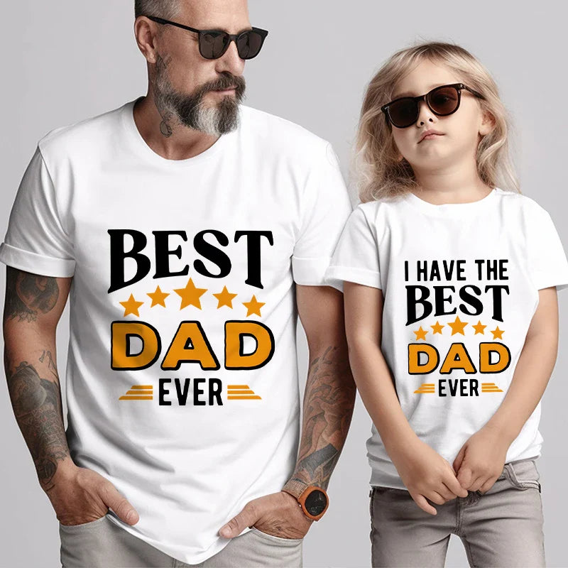 White polyester unisex t-shirt, 'Dad' design, for casual summer activities and family gatherings.