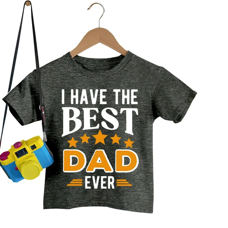 Family T-shirt with 'Dad' & 'Kids' text, light gray polyester, unisex casual summer outfit.