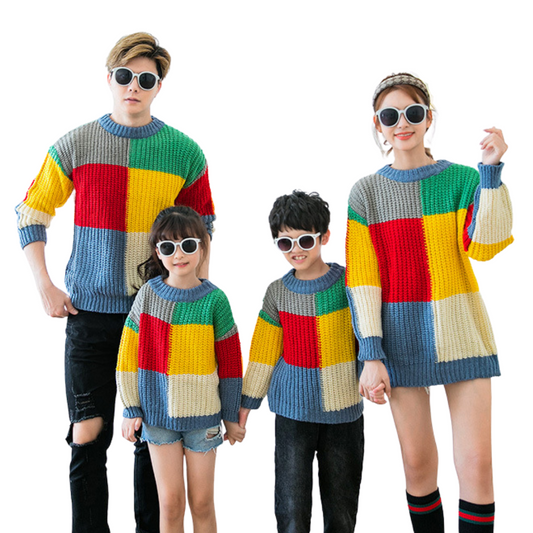 Family matching rainbow checkered knitted sweaters, long sleeve, cotton blend for cozy fall fashion