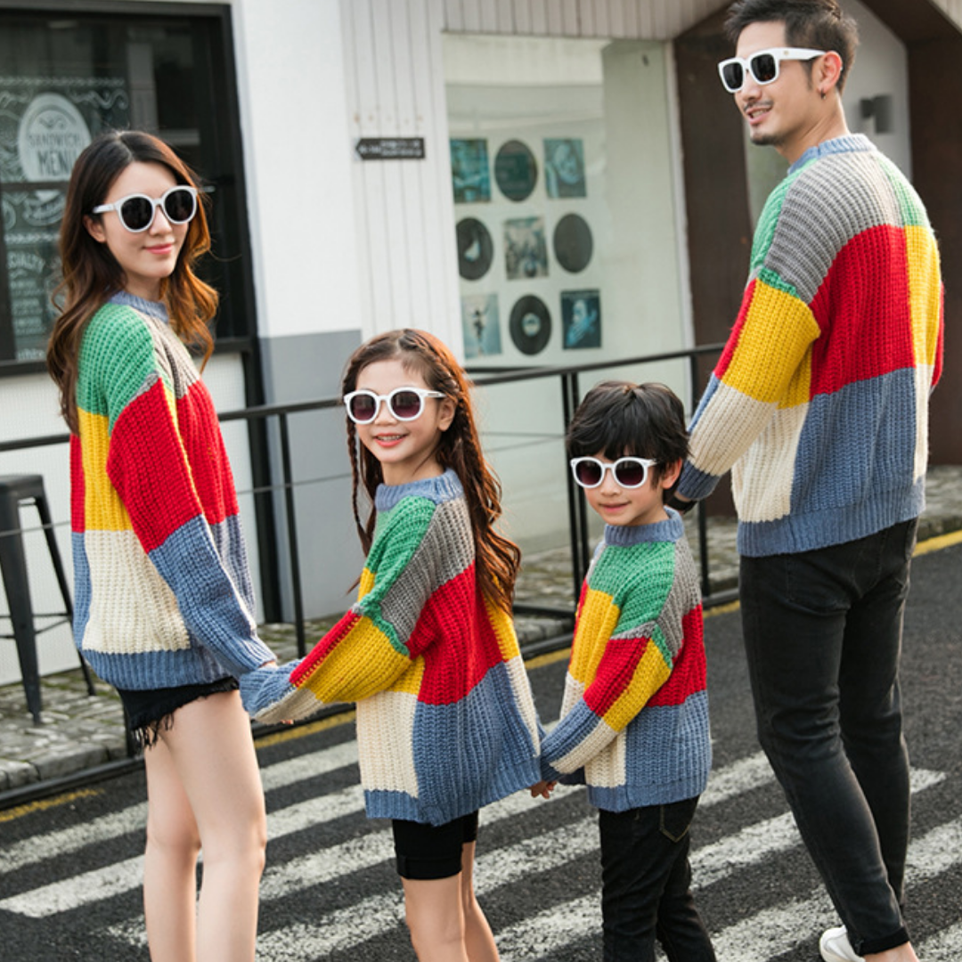 Baby and adult rainbow checkered knit sweaters, perfect for family photos and holiday wear