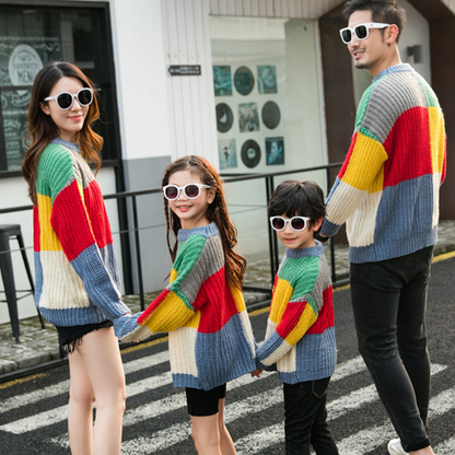 Baby and adult rainbow checkered knit sweaters, perfect for family photos and holiday wear
