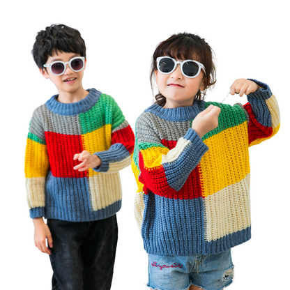 Cozy cotton blend rainbow checkered sweater for baby, part of a family matching set