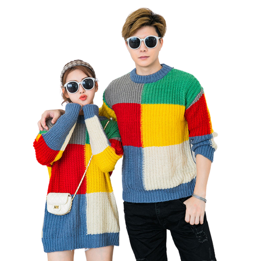 Toddler rainbow checkered long sleeve knit sweater, ideal for winter apparel and family matching