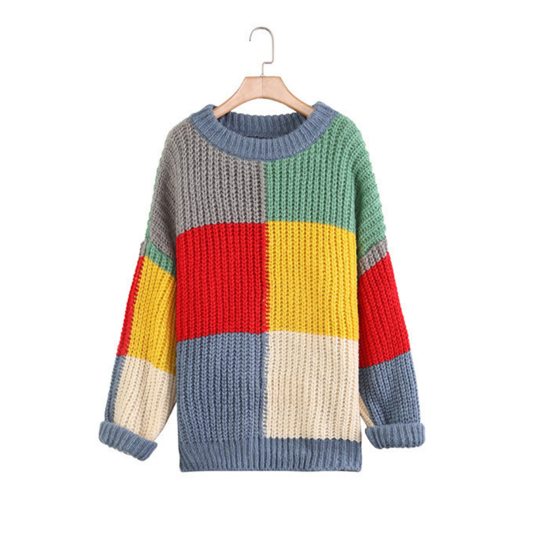 Adult rainbow checkered knitted sweater, soft cotton blend for fall fashion and family photos