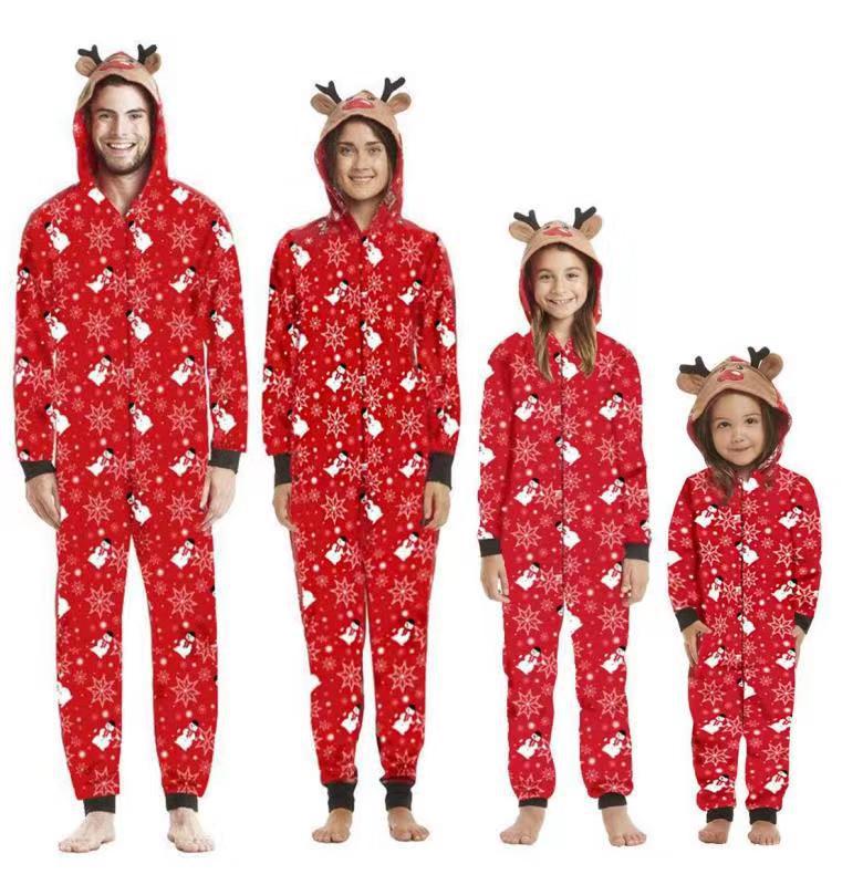 Family matching reindeer print jumpsuit pajamas for Christmas, cozy holiday wear for parents and child