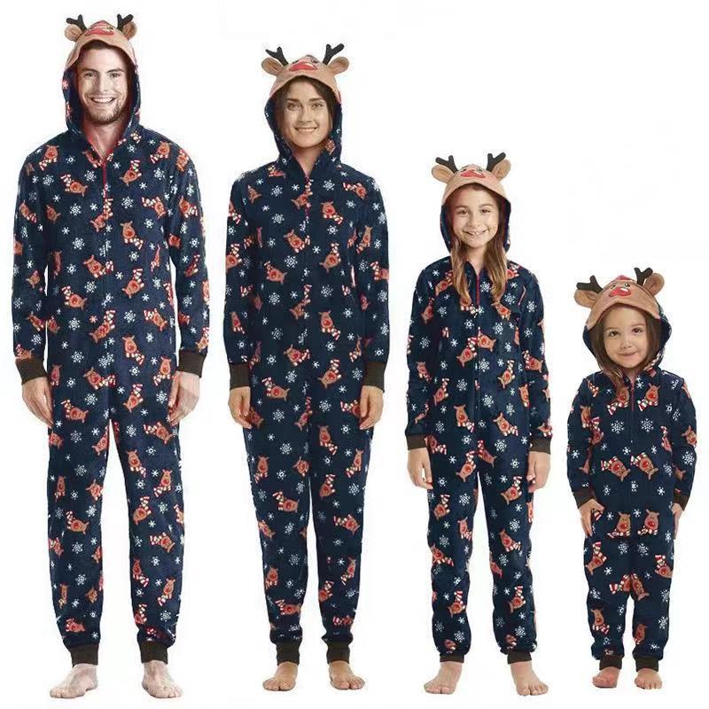 Illustration of a reindeer on a family matching Christmas pajama jumpsuit, festive and fun