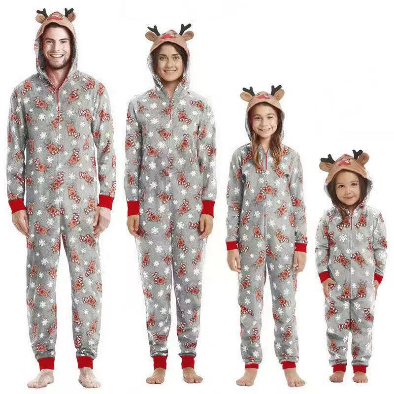 Close-up of reindeer print on a family matching jumpsuit pajama, ideal Christmas outfits set