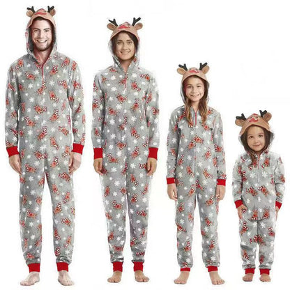 Close-up of reindeer print on a family matching jumpsuit pajama, ideal Christmas outfits set