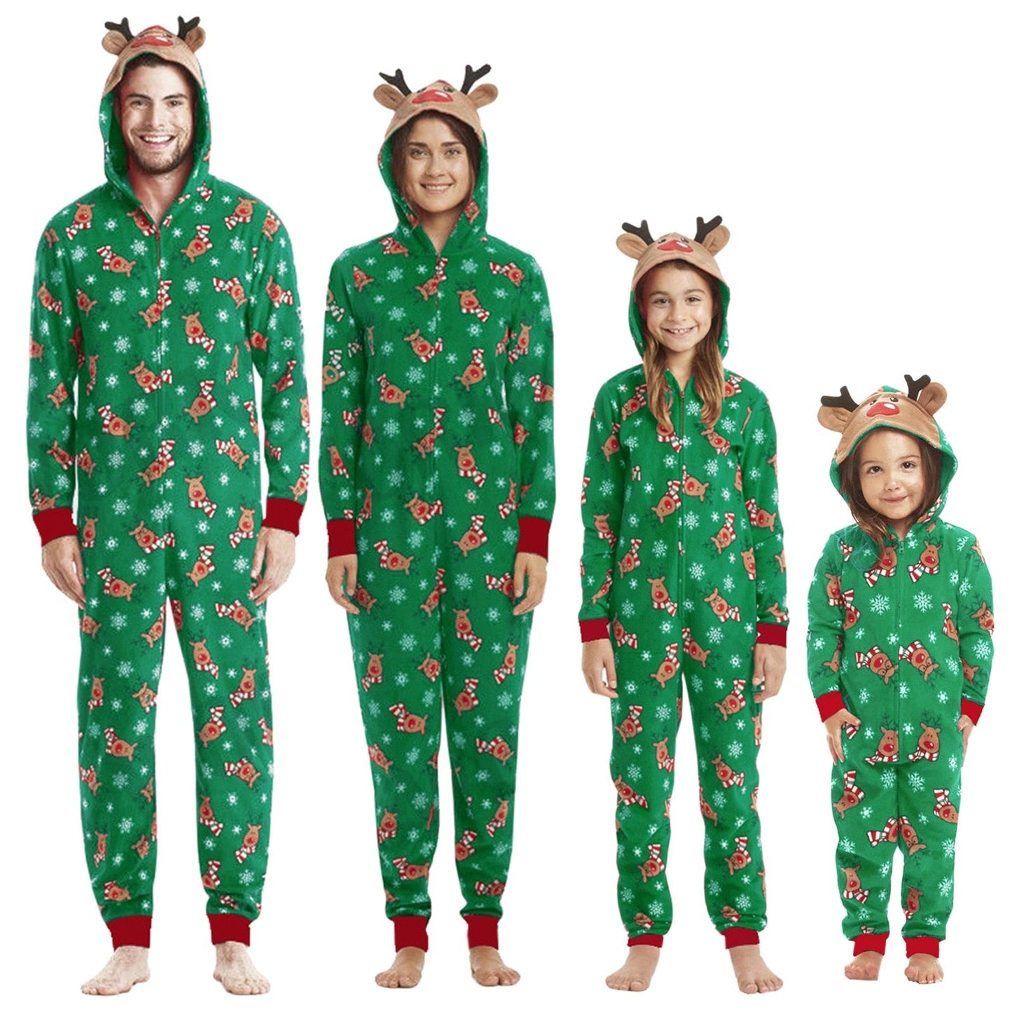 Full family (dad, mom, child) in matching reindeer jumpsuit pajamas, cozy holiday fashion