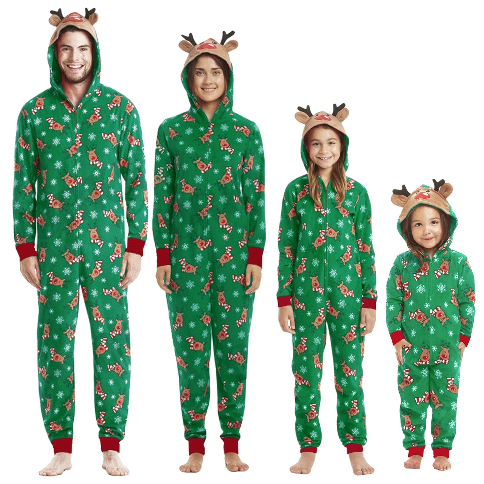 Full family (dad, mom, child) in matching reindeer jumpsuit pajamas, cozy holiday fashion