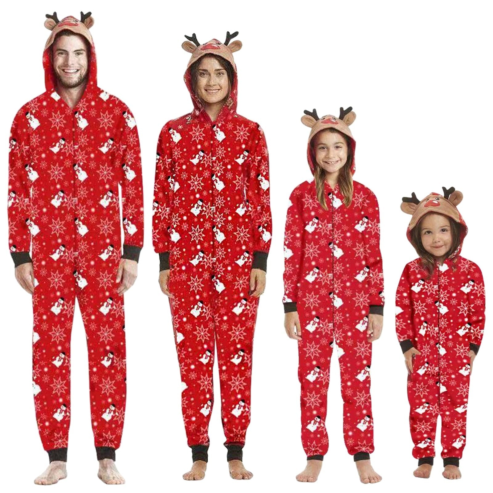 Reindeer themed family pajamas, comfortable jumpsuits for Christmas morning, winter sleepwear