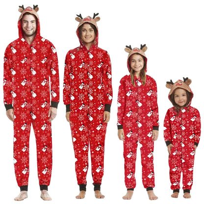 Reindeer themed family pajamas, comfortable jumpsuits for Christmas morning, winter sleepwear