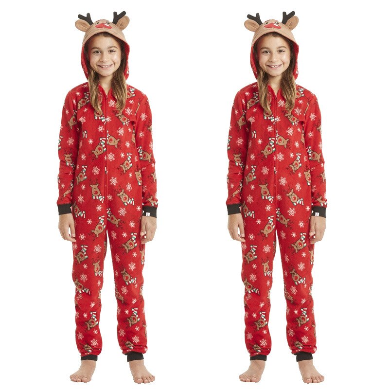 Christmas-themed family outfits: reindeer print jumpsuit pajamas for a cozy holiday season