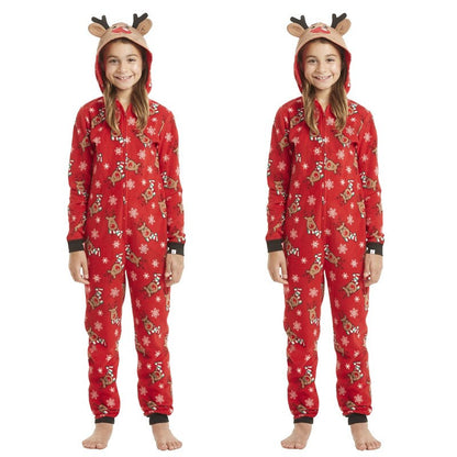 Christmas-themed family outfits: reindeer print jumpsuit pajamas for a cozy holiday season