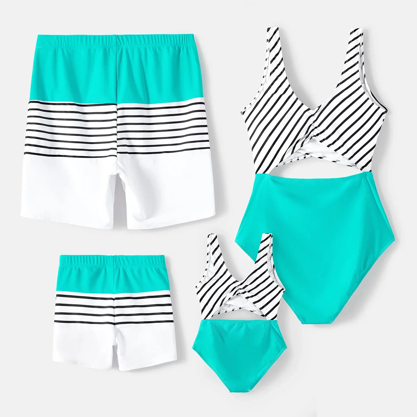 Family matching striped one-piece swimsuit and swim trunks set, perfect for beach vacations