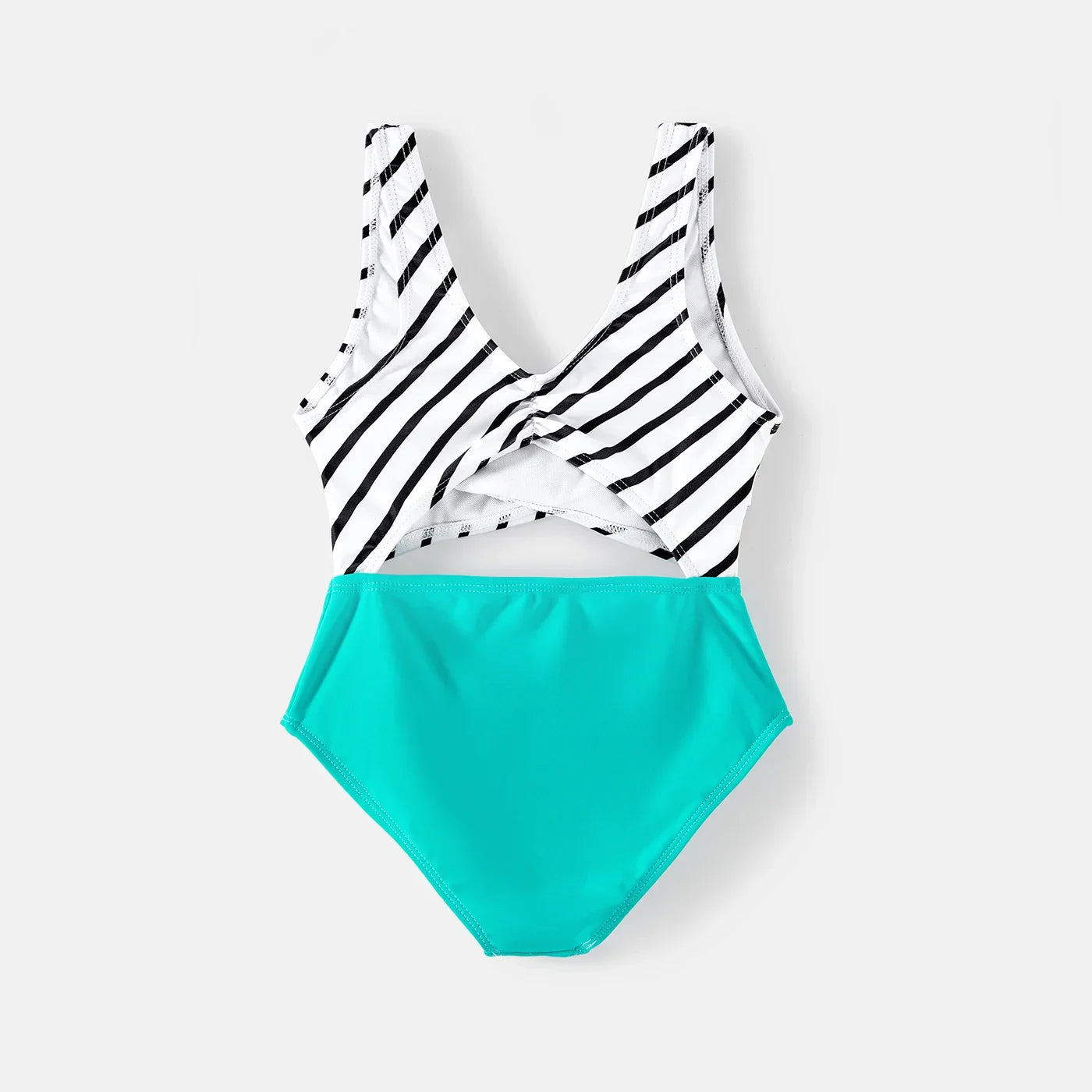 Assortment of striped family matching swimsuits, including one-piece and men's trunks