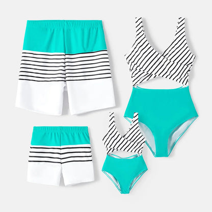 Close-up of the fabric texture of striped family swimwear, durable and comfortable