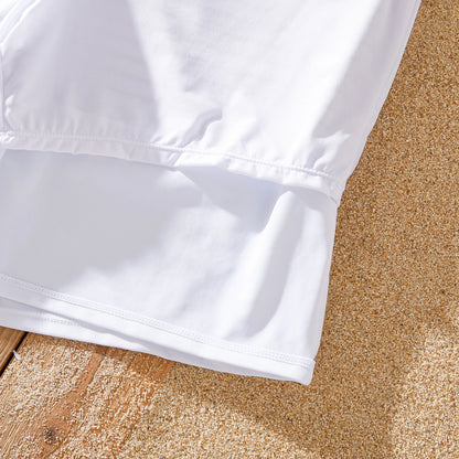 Detailed view of the comfortable polyester spandex material of the family swimwear