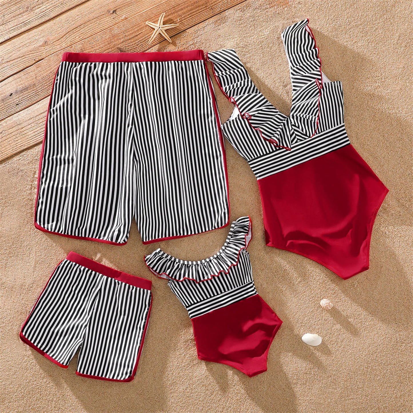 Matching family striped swimwear, a cohesive look for poolside fun and beach days.
