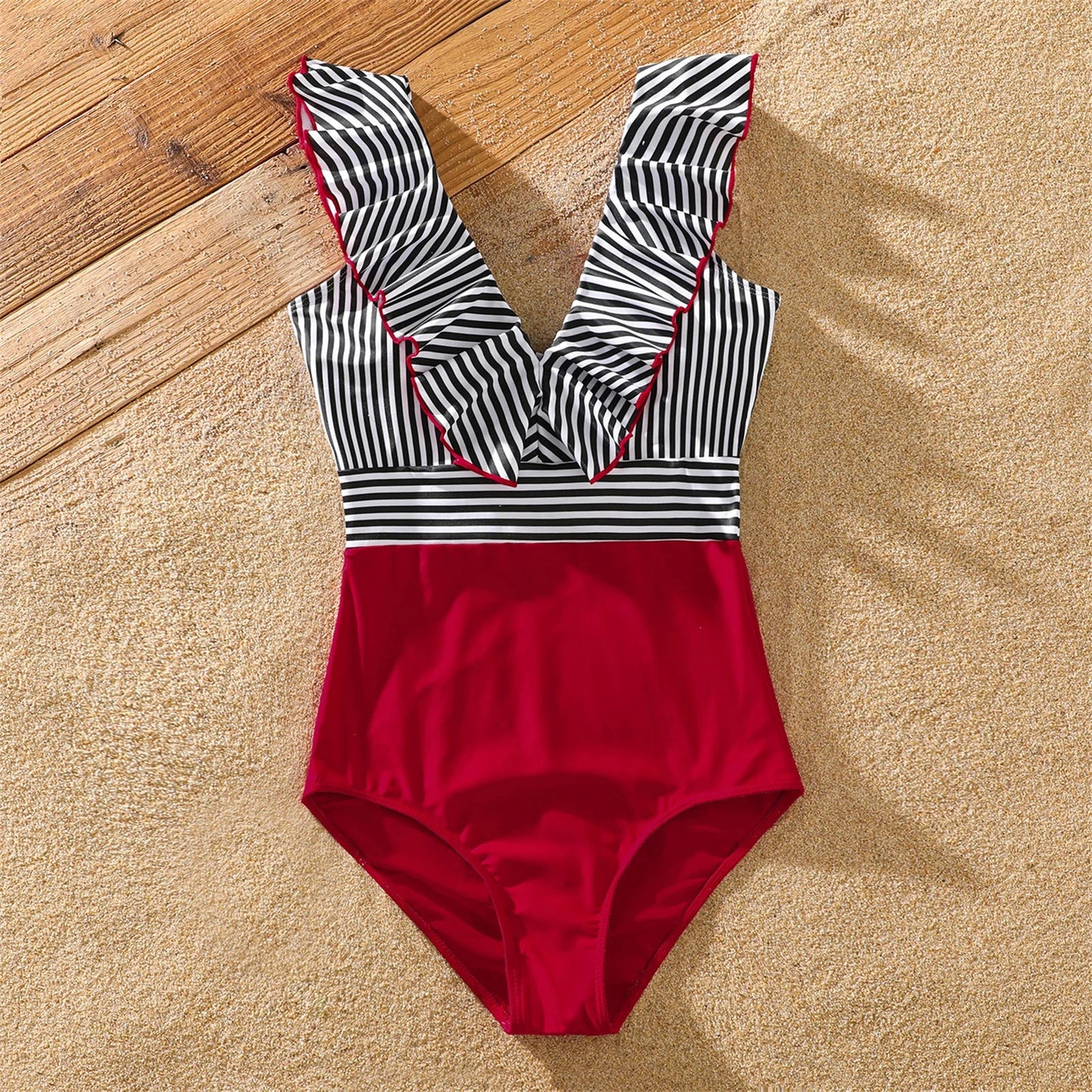 Striped family swimsuits, men's, women's, and kids' matching sets for summer outfits.