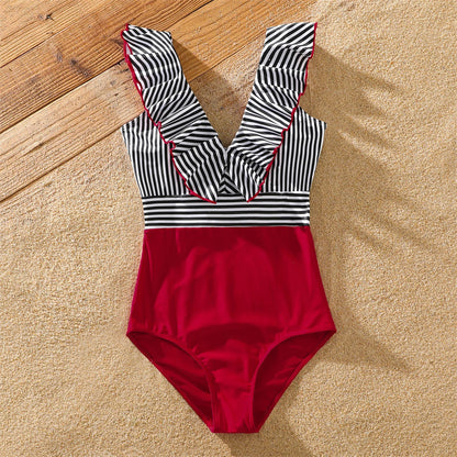 Striped family swimsuits, men's, women's, and kids' matching sets for summer outfits.