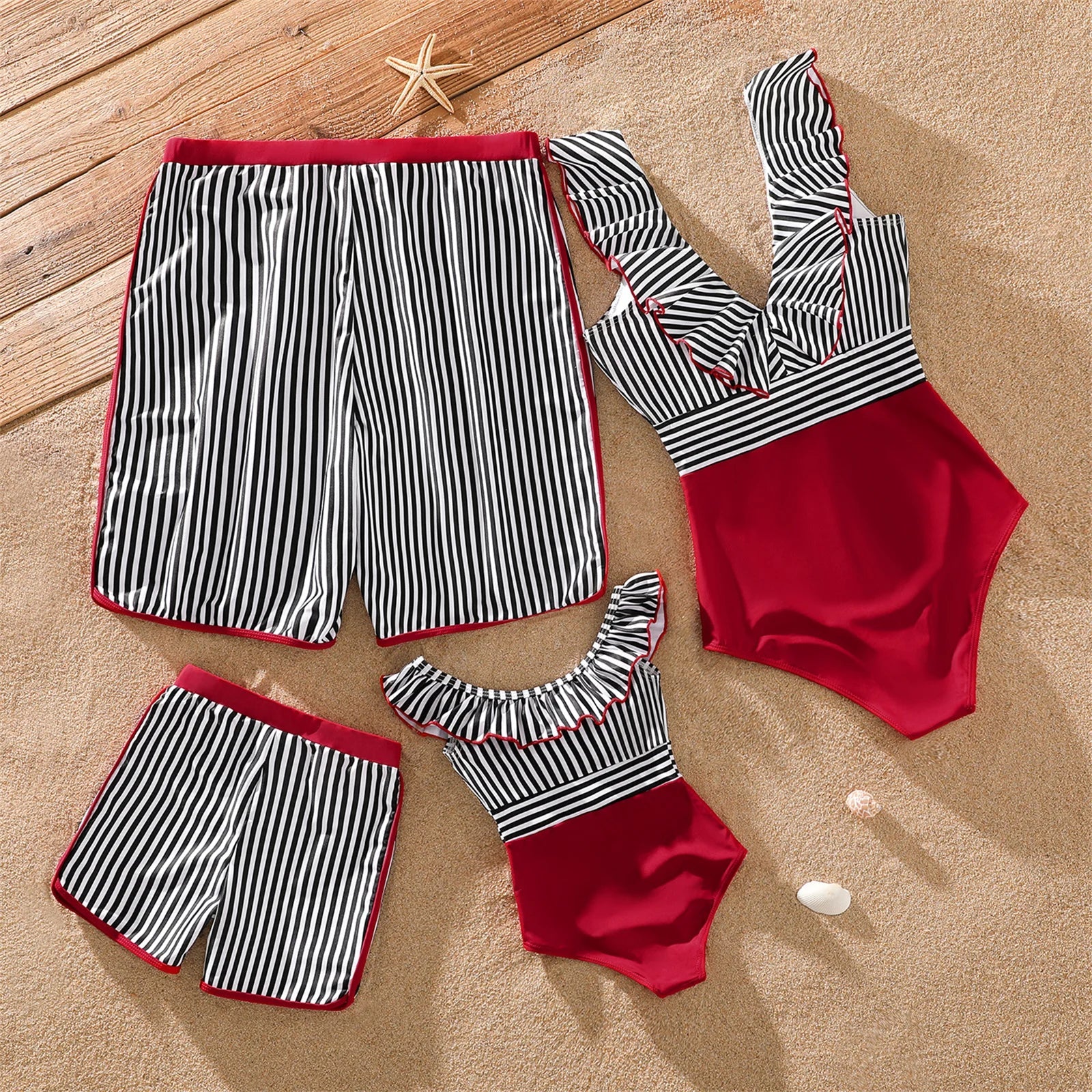 Striped swimwear set featuring adult and children's sizes, perfect for family matching outfit.