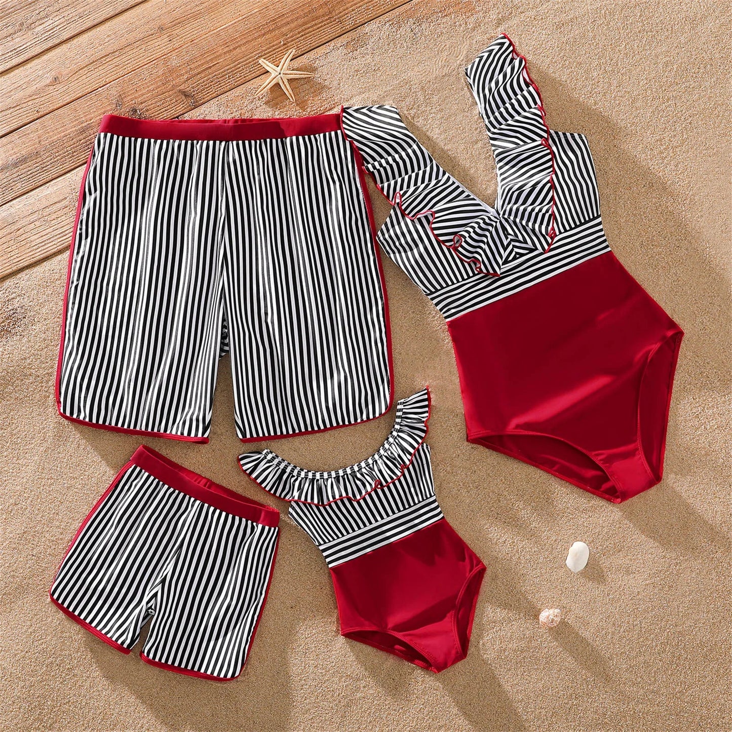 Adorable kids' striped swimsuit for boys and girls, coordinating with family beachwear.