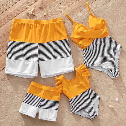 Family matching striped swimwear set, parents and kids, blue and white stripes, beach outfit