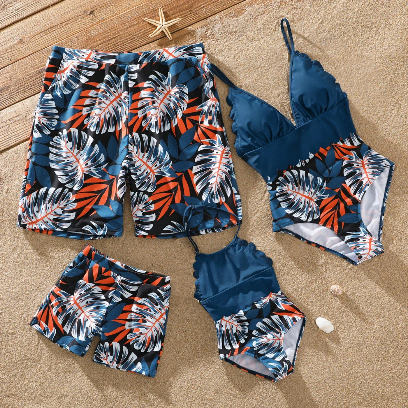Family matching swimsuits with green palm leaf print, perfect for beach vacation