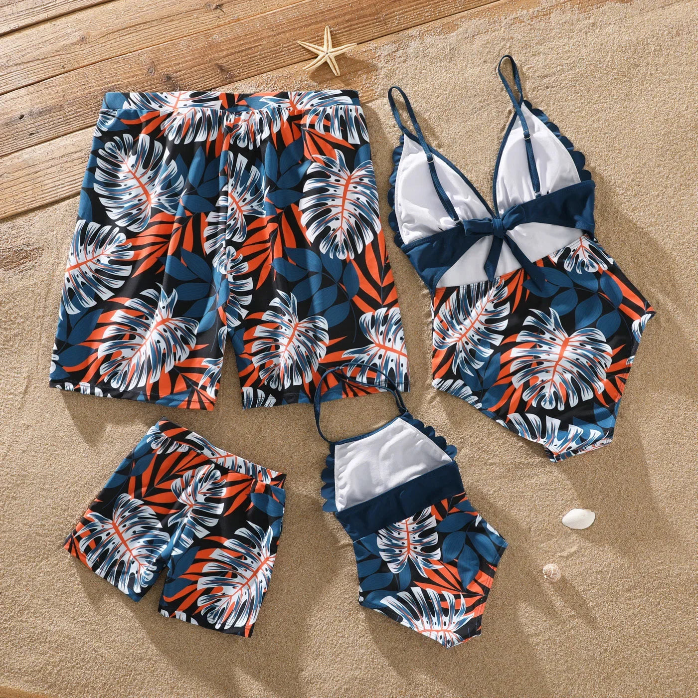 Close-up of palm leaf print on family matching swimwear, ideal for tropical beachwear