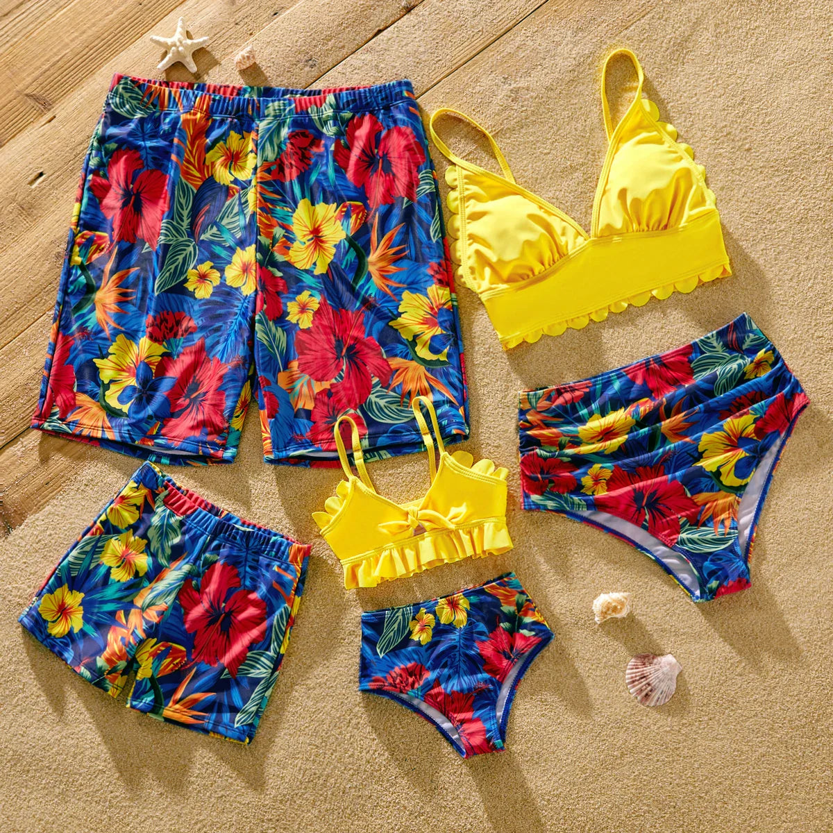 Comfortable polyester blend family swimwear, ideal for summer vacation and pool parties.