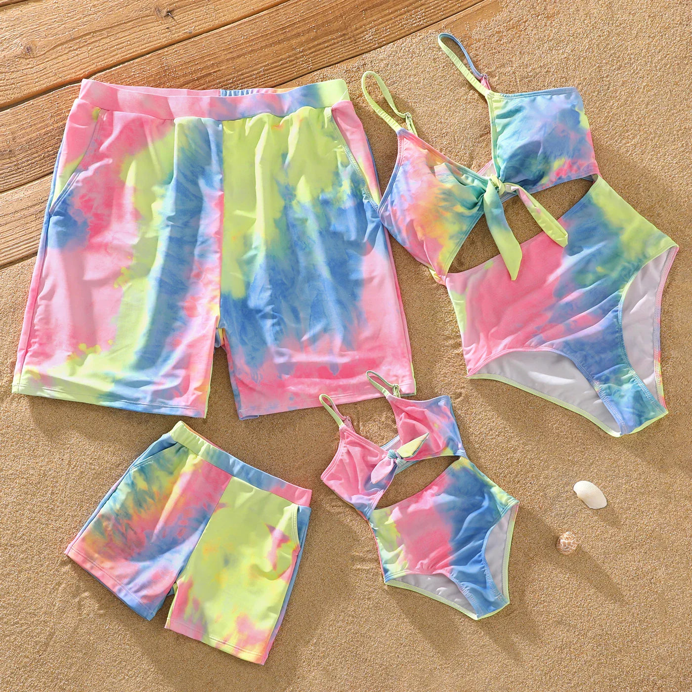 Family matching tie-dye V-neck swimsuits set for beach or pool wear