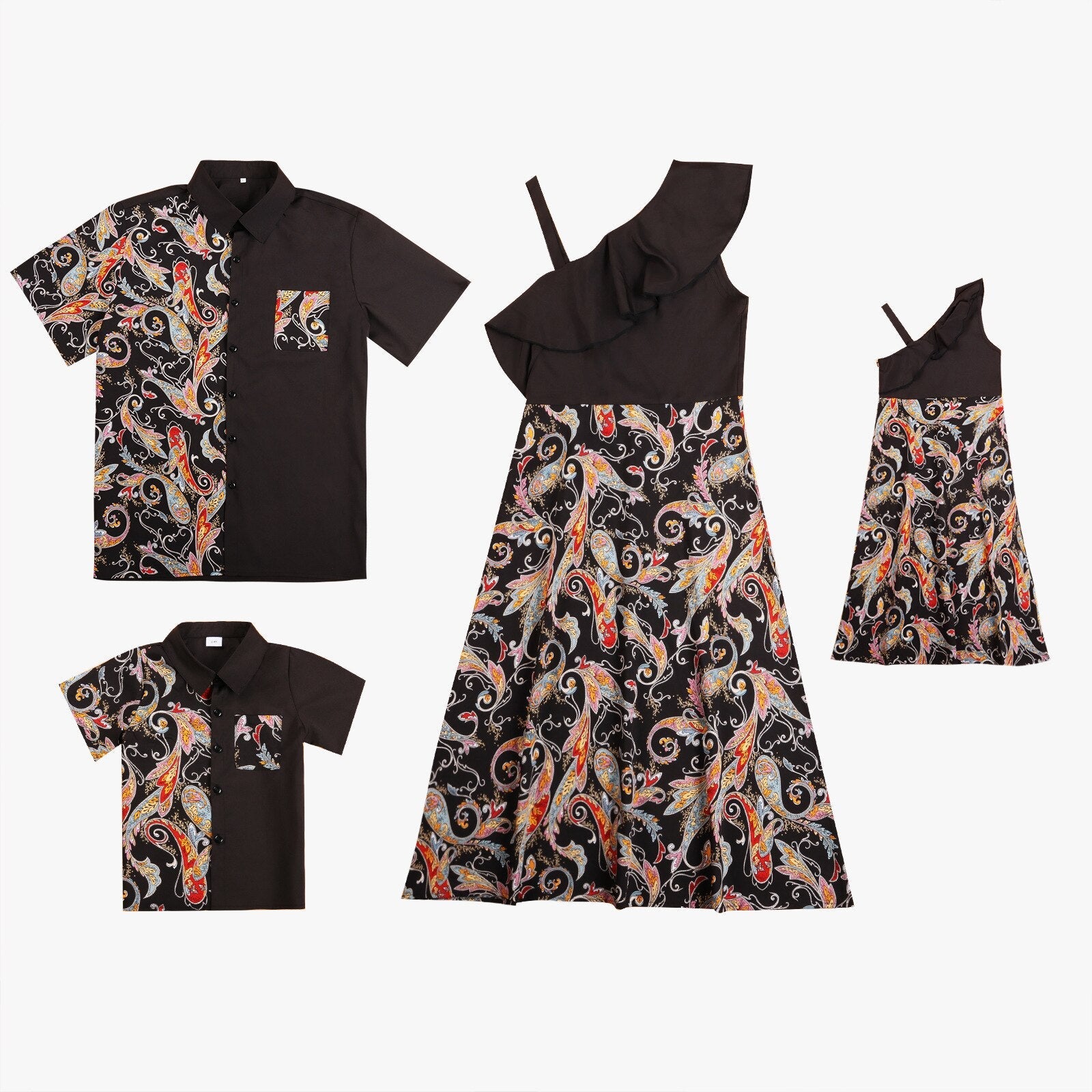Stylish family in matching black textured outfits, perfect for casual vacation travel.