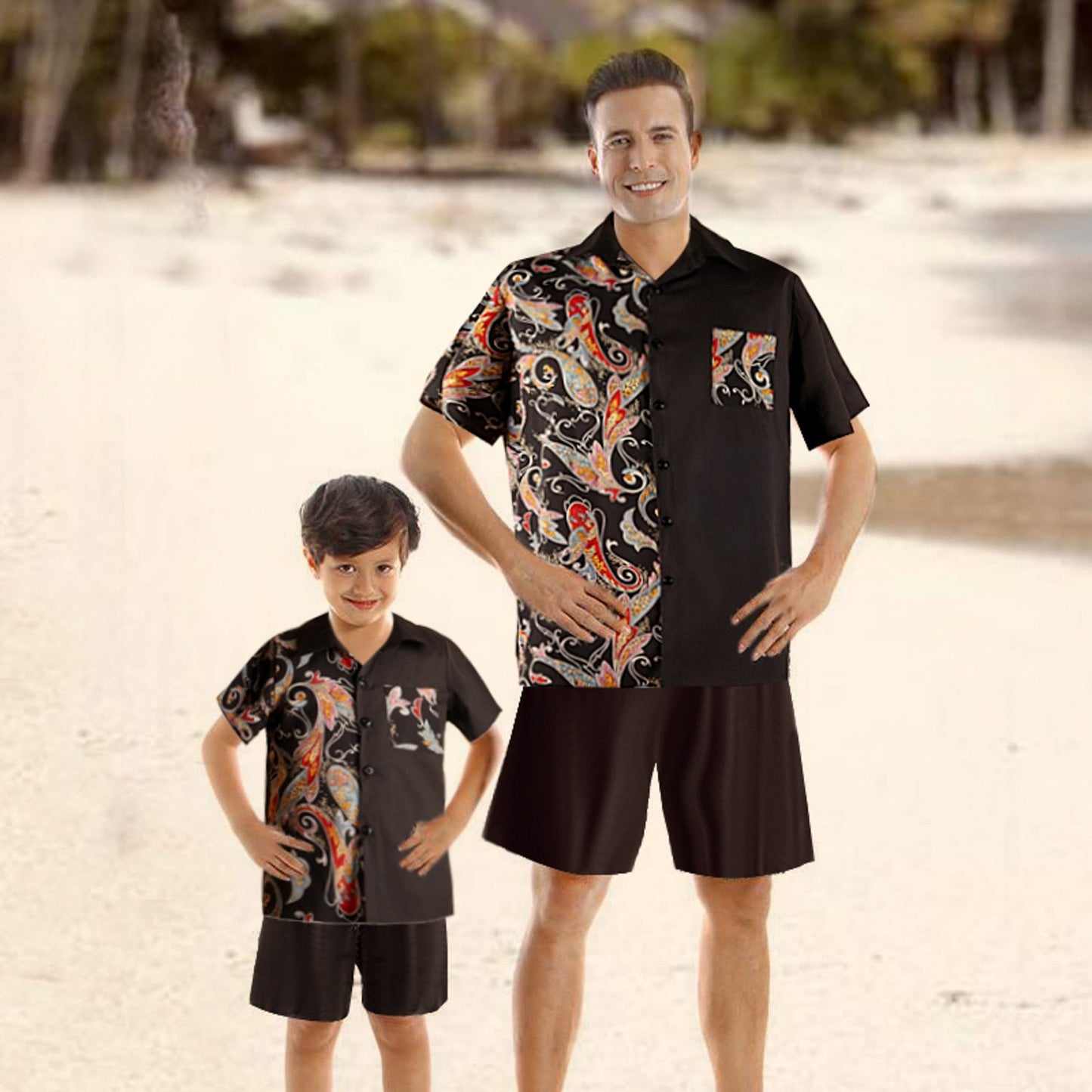 Coordinated black textured casual outfits for a family, ideal for travel and vacations.