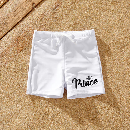 Summer vacation family matching white letter print swimwear for beach or resort.