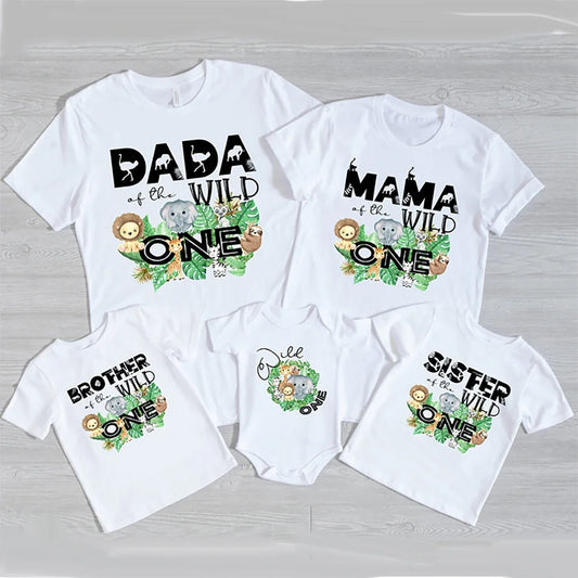 Family matching 'Wild One' jungle theme t-shirts and rompers for birthday party