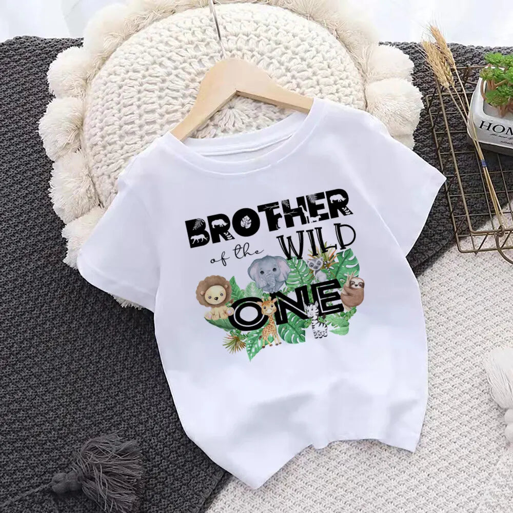 Adorable 'Wild One' jungle themed family apparel: tees for all ages, baby romper included