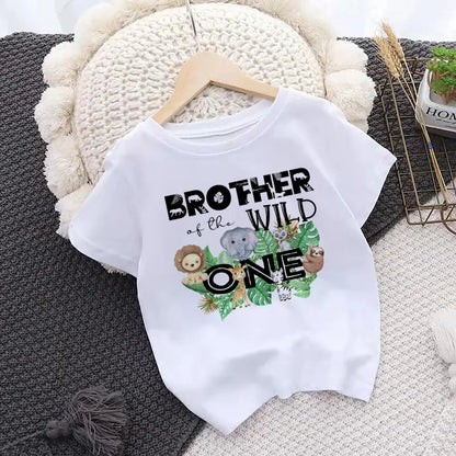 Adorable 'Wild One' jungle themed family apparel: tees for all ages, baby romper included