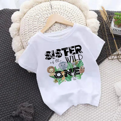 Set of 'Wild One' jungle theme family t-shirts and baby romper, perfect for celebrations