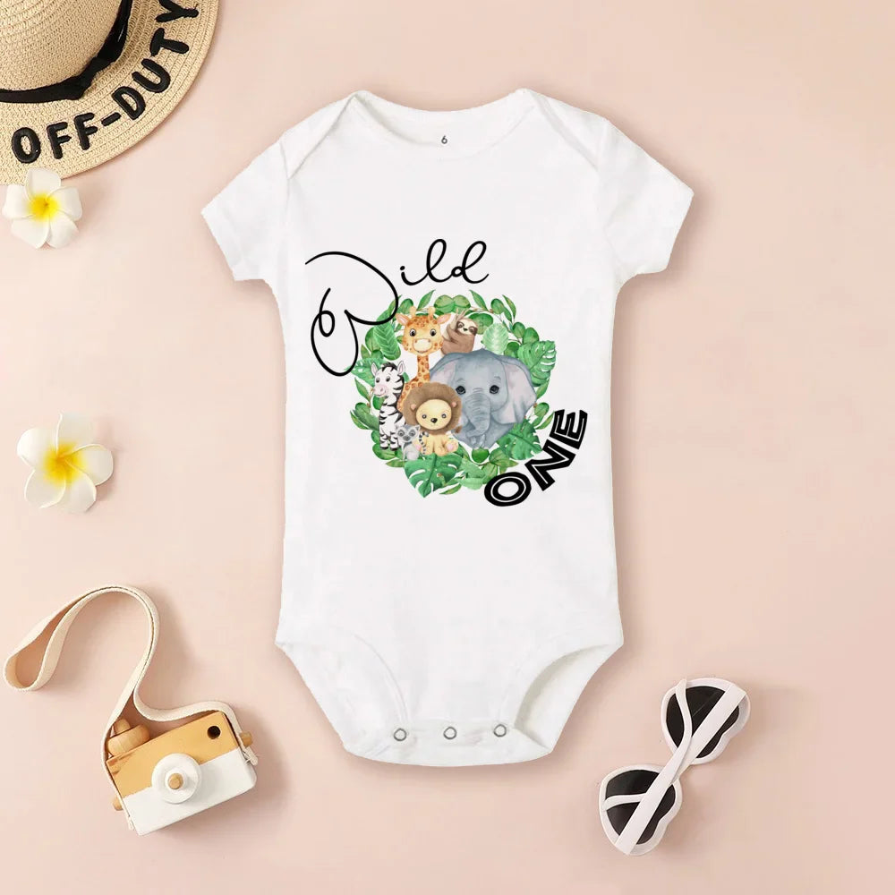 Cute 'Wild One' jungle animal graphic family matching t-shirts and baby rompers
