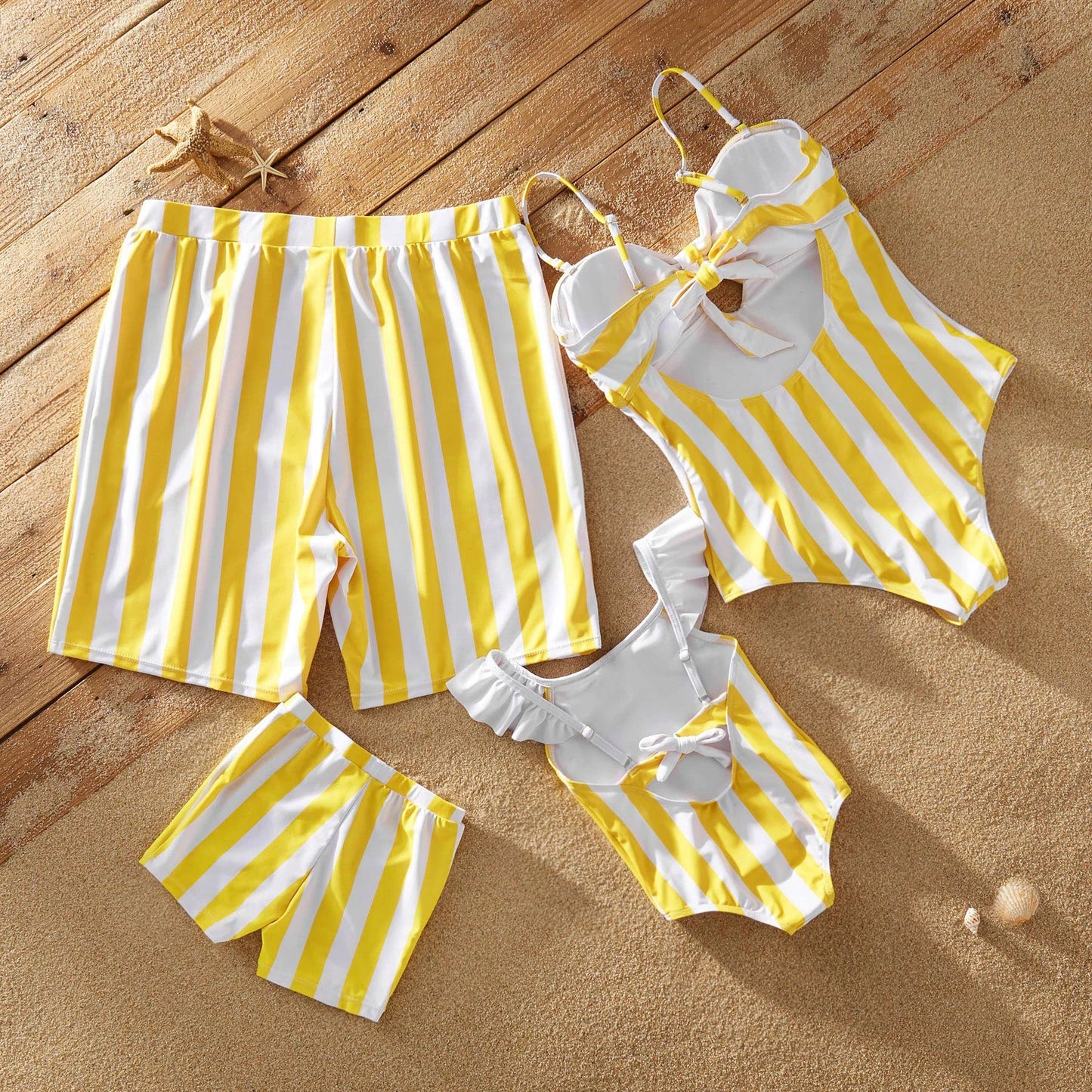 Family matching yellow striped swimwear, perfect for beach, pool or vacation outfits, quick dry and comfortable.