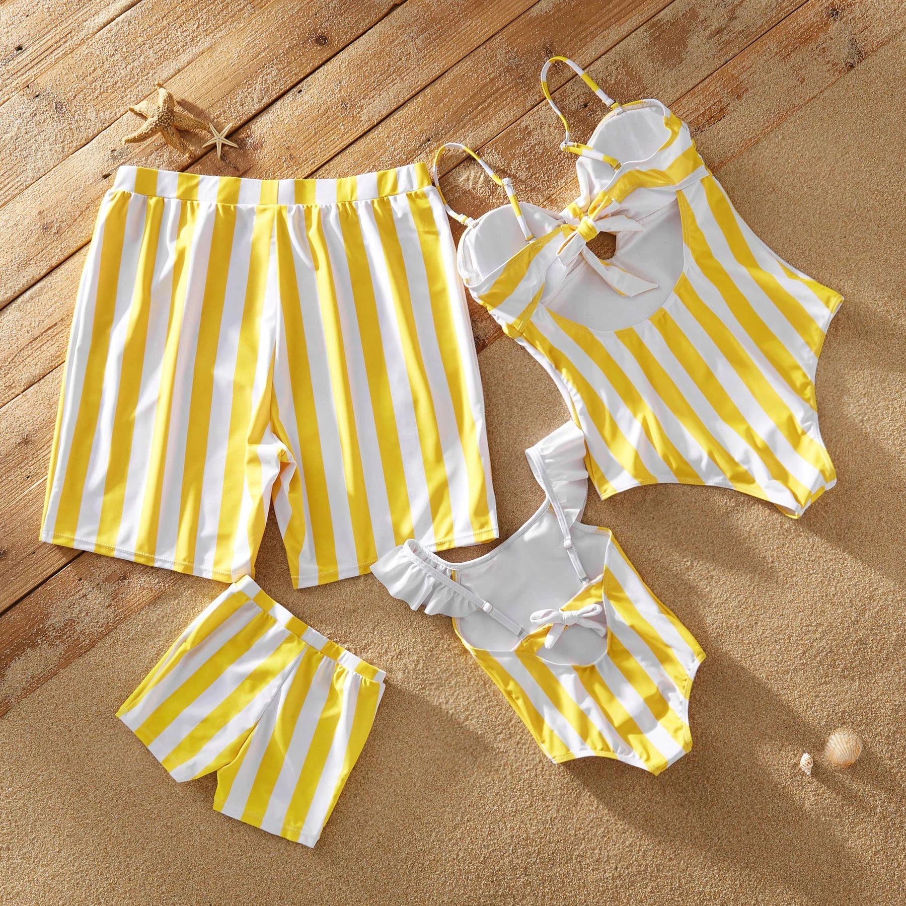 Family matching yellow striped swimwear, perfect for beach, pool or vacation outfits, quick dry and comfortable.