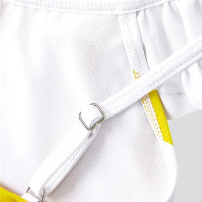 Kids' yellow striped swimwear, comfortable and durable for active summer play, matching family set.