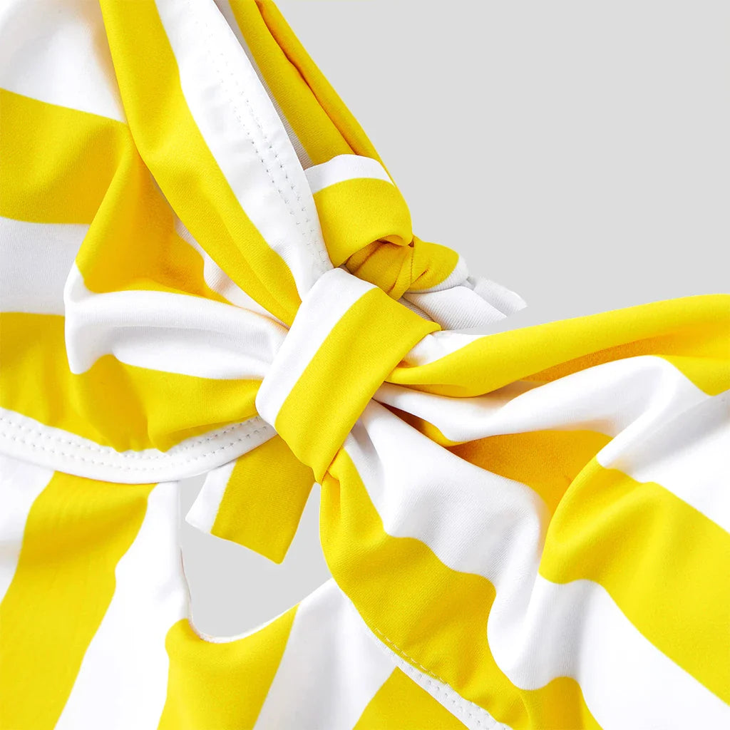 Yellow striped family swimwear set including women's one-piece, men's trunks, kids' & baby swimsuits, chinlon spandex.